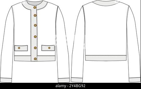 Avec poche col rond col rond boutonné gilet manches longues motif veste, dessin CAD de mode, textile Flat Sketch, modèles de mode, Illustration de Vecteur