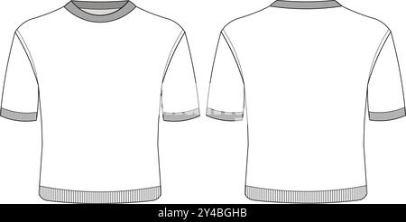 Col rond côtelé manches courtes manches rondes coupe élastique chemisier haut t-shirt dessin technique esquisse plate, ourlet côtelé poignets Illustration de Vecteur