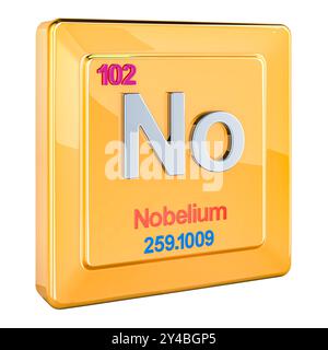 Nobelium No, signe d'élément chimique avec le numéro 102 dans le tableau périodique. Rendu 3D isolé sur fond blanc Banque D'Images