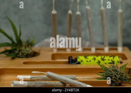 Boîte de couleur claire en bois avec joints et marijuana fraîche et vieux mur de pierre Banque D'Images