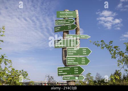 Rennsteig, sentier de randonnée populaire dans la forêt de Thuringe avec des panneaux indicateurs. Oberhof, Thuringe, Allemagne, Europe Banque D'Images