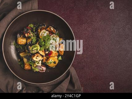 Salade tiède, Saksuka, avec aubergines croustillantes, tomates, épices, herbes, graines de sésame, graines de tournesol, cuisine turque, pas de gens Banque D'Images