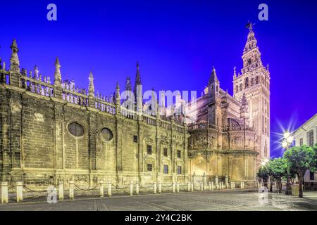 La cathédrale de Séville brille au crépuscule, avec l'élégante tour Giralda présentant une architecture andalouse époustouflante. Banque D'Images