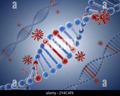 Structure de l'ADN et virus, il s'agit d'une image générée par ordinateur et rendue en 3D. Banque D'Images