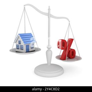 Équilibrage de symbole de maison et de pourcentage, il s'agit d'une image générée par ordinateur rendue en 3D. Isolé sur blanc Banque D'Images