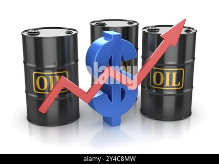 Baril d'huile et signe de dollar, il s'agit d'une image générée par ordinateur rendue 3D. Isolé sur blanc Banque D'Images