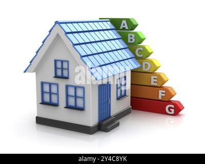 Concept d'efficacité énergétique avec Home, il s'agit d'une image générée par ordinateur rendue en 3D. Isolé sur blanc Banque D'Images