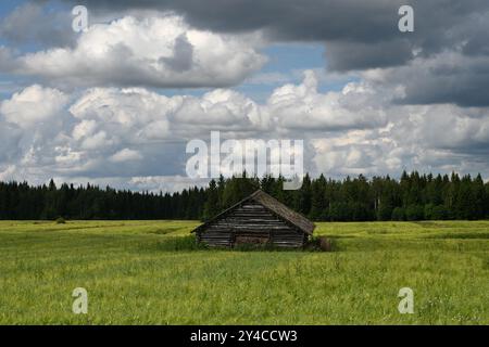 Paysage avec une cabane en Laponie, Finlande. Paysage finlandais typique avec une cabane en bois dans la forêt Banque D'Images