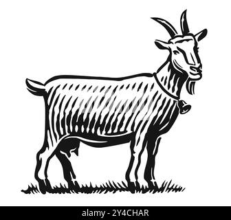 Stands de chèvre à pleine hauteur, animal de ferme. Illustration vectorielle de style d'esquisse dessinée à la main Illustration de Vecteur