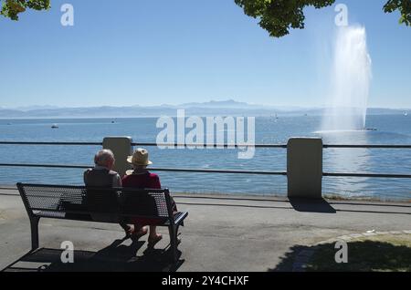 Siège avec vue, Friedrichshafen, Lac de Constance Banque D'Images