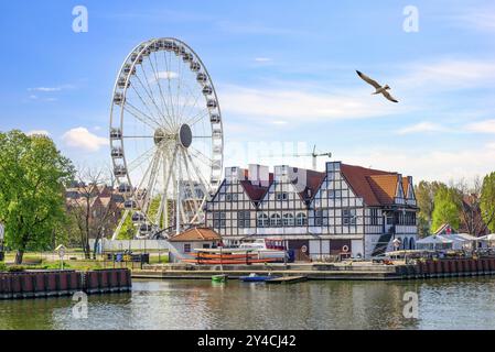 Oiseau au-dessus de vieilles maisons et grande roue sur la rivière Motlawa à Gdansk, Pologne, Europe Banque D'Images