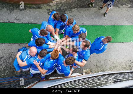 Ibrox Stadium le stade des Glasgow Rangers FC, Glasgow, Écosse, Royaume-Uni, mercredi, 27 juillet 2014. Membres de l'équipe Scotland Rugby Sevens après leur dernier match aux Jeux du Commonwealth de Glasgow 2014 Banque D'Images