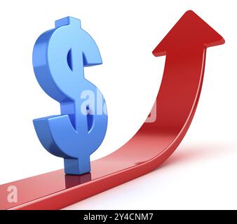 Symbole Dollar bleu sur la flèche rouge, il s'agit d'une image générée par ordinateur rendue en 3D. Isolé sur blanc Banque D'Images