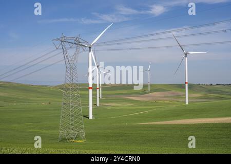 Éoliennes et lignes électriques dans un paysage agricole vert dans les Pouilles, Italie, Europe Banque D'Images