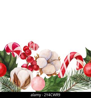 Bordure sans couture festive avec illustration à l'aquarelle avec des cannes de bonbon, des feuilles de houx, des baies rouges et des ornements de Noël. Parfait pour les vacances Banque D'Images