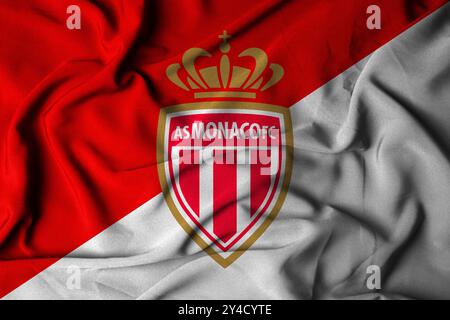 Pringsewu, Lampung 18 septembre 2024 ; texture du logo du drapeau Selective Focus de fond AS MONACO FC, drapeau du club de football européen. Illustration 3D. Banque D'Images