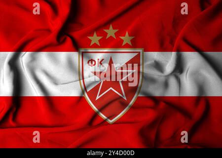 Pringsewu, Lampung 18 septembre 2024 ; texture du logo du drapeau à focalisation sélective de FK Crvena Zvezda. Drapeau du club de football européen. Illustration 3D. Banque D'Images