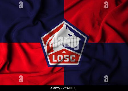 Pringsewu, Lampung 18 septembre 2024 ; texture du logo du drapeau Selective Focus de fond LOSC Lille. Drapeau du club de football européen. Illustration 3D. Banque D'Images