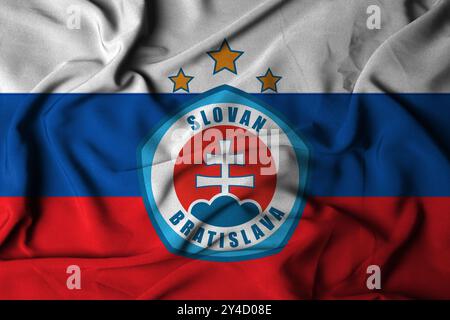 Pringsewu, Lampung 18 septembre 2024 ; texture du logo du drapeau à focalisation sélective à partir de l'arrière-plan SK Slovan Bratislava. Drapeau du club de football européen. Illustr. 3D. Banque D'Images