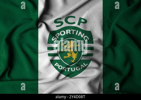 Pringsewu, Lampung 18 septembre 2024 ; texture du logo du drapeau Selective Focus from Background Sporting CP. Drapeau du club de football européen. Illustration 3D. Banque D'Images