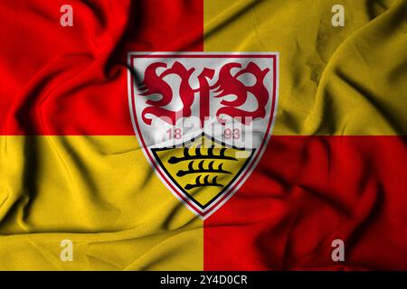 Pringsewu, Lampung 18 septembre 2024 ; texture du logo du drapeau à focalisation sélective à partir du fond VfB Stuttgart. Drapeau du club de football européen. Illustration 3D. Banque D'Images