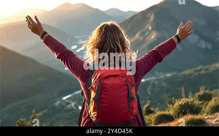 Une femme vibrante dans ses 40 ans fait une randonnée sur une montagne pittoresque au lever du soleil, le vent attrapant ses cheveux alors qu'elle embrasse la liberté, la force et un nouveau chapitre de la vie. Illustration de Vecteur
