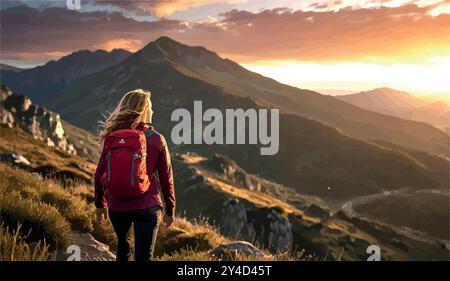 Une femme vibrante dans ses 40 ans fait une randonnée sur une montagne pittoresque au lever du soleil, le vent attrapant ses cheveux alors qu'elle embrasse la liberté, la force et un nouveau chapitre de la vie. Illustration de Vecteur