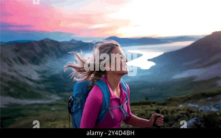 Une femme vibrante dans ses 40 ans fait une randonnée sur une montagne pittoresque au lever du soleil, le vent attrapant ses cheveux alors qu'elle embrasse la liberté, la force et un nouveau chapitre de la vie. Illustration de Vecteur