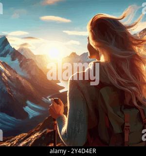 Une femme vibrante dans ses 40 ans fait une randonnée sur une montagne pittoresque au lever du soleil, le vent attrapant ses cheveux alors qu'elle embrasse la liberté, la force et un nouveau chapitre de la vie. Illustration de Vecteur