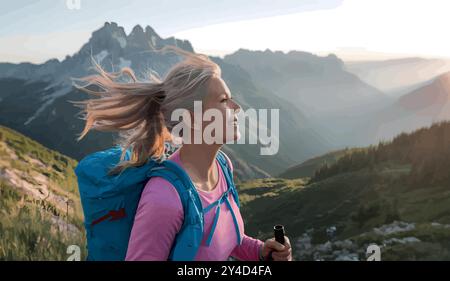 Une femme vibrante dans ses 40 ans fait une randonnée sur une montagne pittoresque au lever du soleil, le vent attrapant ses cheveux alors qu'elle embrasse la liberté, la force et un nouveau chapitre de la vie. Illustration de Vecteur