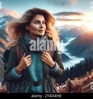 Une femme vibrante dans ses 40 ans fait une randonnée sur une montagne pittoresque au lever du soleil, le vent attrapant ses cheveux alors qu'elle embrasse la liberté, la force et un nouveau chapitre de la vie. Illustration de Vecteur