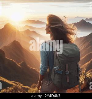 Une femme vibrante dans ses 40 ans fait une randonnée sur une montagne pittoresque au lever du soleil, le vent attrapant ses cheveux alors qu'elle embrasse la liberté, la force et un nouveau chapitre de la vie. Illustration de Vecteur