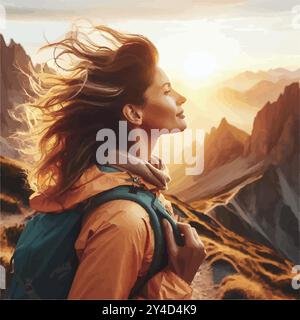 Une femme vibrante dans ses 40 ans fait une randonnée sur une montagne pittoresque au lever du soleil, le vent attrapant ses cheveux alors qu'elle embrasse la liberté, la force et un nouveau chapitre de la vie. Illustration de Vecteur
