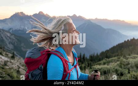 Une femme vibrante dans ses 40 ans fait une randonnée sur une montagne pittoresque au lever du soleil, le vent attrapant ses cheveux alors qu'elle embrasse la liberté, la force et un nouveau chapitre de la vie. Illustration de Vecteur