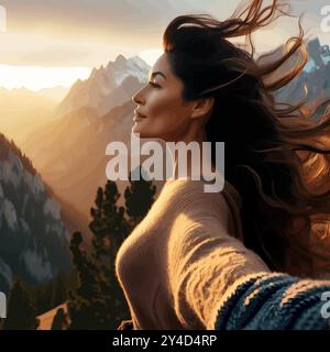 Une femme vibrante dans ses 40 ans fait une randonnée sur une montagne pittoresque au lever du soleil, le vent attrapant ses cheveux alors qu'elle embrasse la liberté, la force et un nouveau chapitre de la vie. Illustration de Vecteur