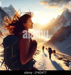 Une femme vibrante dans ses 40 ans fait une randonnée sur une montagne pittoresque au lever du soleil, le vent attrapant ses cheveux alors qu'elle embrasse la liberté, la force et un nouveau chapitre de la vie. Illustration de Vecteur