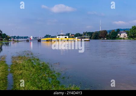 Crue de l'Elbe à Dresde dans le quartier Pillnitz le 17/09/2024 avec un niveau d'eau de 5,90 m, un ferry traverse la rivière. Banque D'Images