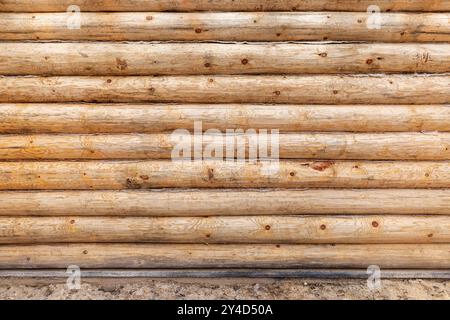 Nouveau mur en bois fait de rondins de pin naturel non coloré, vue frontale, texture de photo de fond. La maison en rondins est en construction Banque D'Images