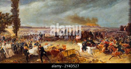 BATAILLE DE KONIGGRÄTZ LE 3 JUILLET 1866. Kaiser Wilhelm I sur cheval blanc à côté de Bismarck et Moltke à droite. Peinture de George Bleibtreu Banque D'Images