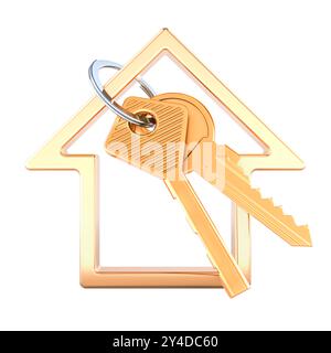 Home Keys avec porte-clés en forme de maison, rendu 3D isolé sur fond blanc Banque D'Images