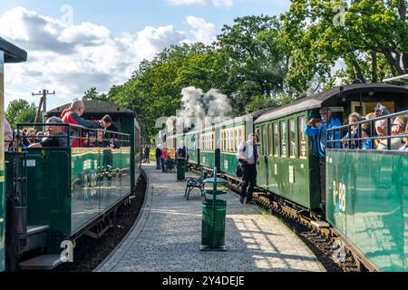 Die historische Dampfzugverbindung mit dem Rasenden Roland genannten Schmalspur Zug, der Rügensche Bäderbahn, RüBB, hier der Bahnhof Sellin Ost, verkehrt von Lauterbach mole, Putbus, Binz, Sellin, Baabe nach Göhren, Mecklembourg-Poméranie occidentale Rasender Roland *** la liaison historique du train à vapeur avec le train à voie étroite appelé Rasender Roland, le Rügensche Bäderbahn, RüBB, ici la gare Sellin Ost, va de Lauterbach mole, Putbus, Binz, Sellin, Baabe à Göhren, Mecklenburg-Vorpommern, Allemagne Rasender Roland Banque D'Images