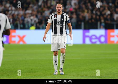 Federico Gatti de Juventus FC lors du match de Ligue des champions de l'UEFA entre la Juventus FC et le PSV Eindhoven au stade Allianz le 17 septembre 2024 in Banque D'Images