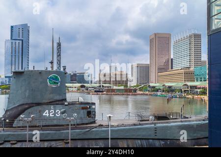 Sous-marin USS Torsk dans le port intérieur de Baltimore. Banque D'Images