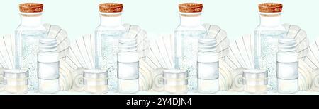 Bordure transparente. Kit de maquillage. Coquillages, huile, crème et sel de bain. Aquarelle Clip Art sur un fond blanc. Illustration dessinée à la main dans des couleurs pastel. Convient pour les conceptions de cartes, les textiles et le scrapbooking Banque D'Images