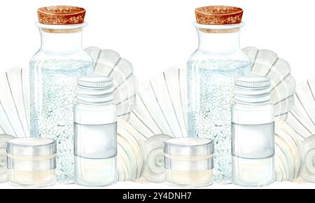Bordure transparente. Kit de maquillage. Coquillages, huile, crème et sel de bain. Aquarelle Clip Art sur un fond blanc. Illustration dessinée à la main dans des couleurs pastel. Convient pour les conceptions de cartes, les textiles et le scrapbooking Banque D'Images