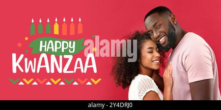 Bannière festive pour Happy Kwanzaa avec jeune couple afro-américain Banque D'Images