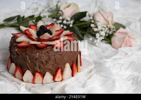 Fleurs et gâteau au chocolat Banque D'Images