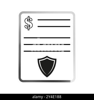 Icône de document avec un symbole dollar et un bouclier en bas, représentant une sécurité financière ou une assurance. Design minimaliste noir et blanc. Illustration de Vecteur