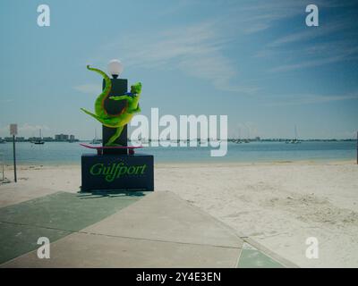 17 septembre 2024 Gulfport, Floride, États-Unis usage éditorial seulement. Statue colorée et lumineuse de Gecko sur une planche à roulettes sur la plage près du Casino historique. Banque D'Images