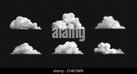 Ensemble de nuages cumulus blancs, brouillard, fumée. Illustration de Vecteur